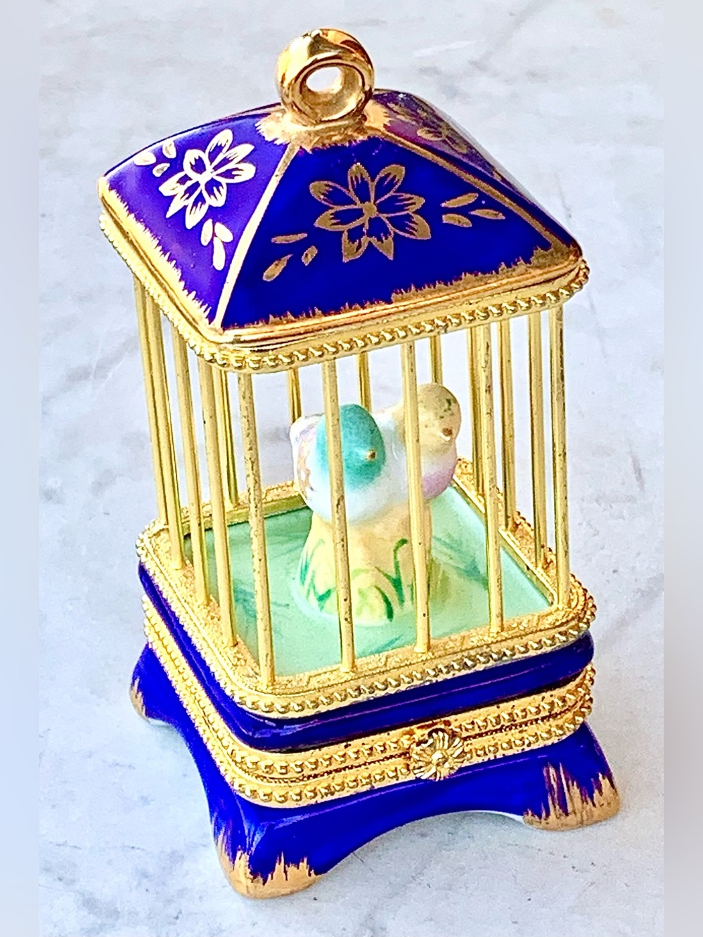 IMPERIAL PORCELAIN DECORATIVE Blue Gold LOVE Birds Cage Trinket Box VINTAGE 90’s